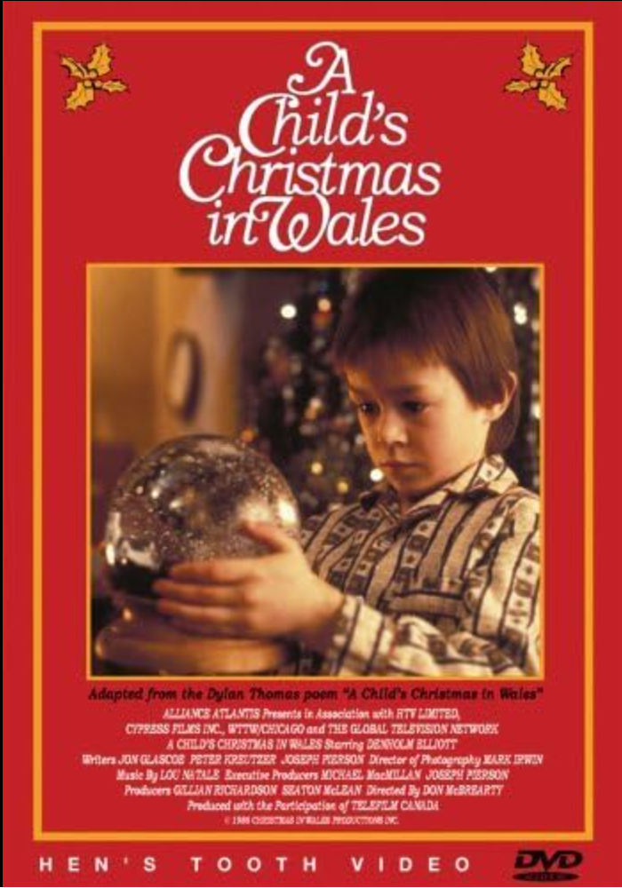 a child's christmas in wales movie poster with child and snowglobe