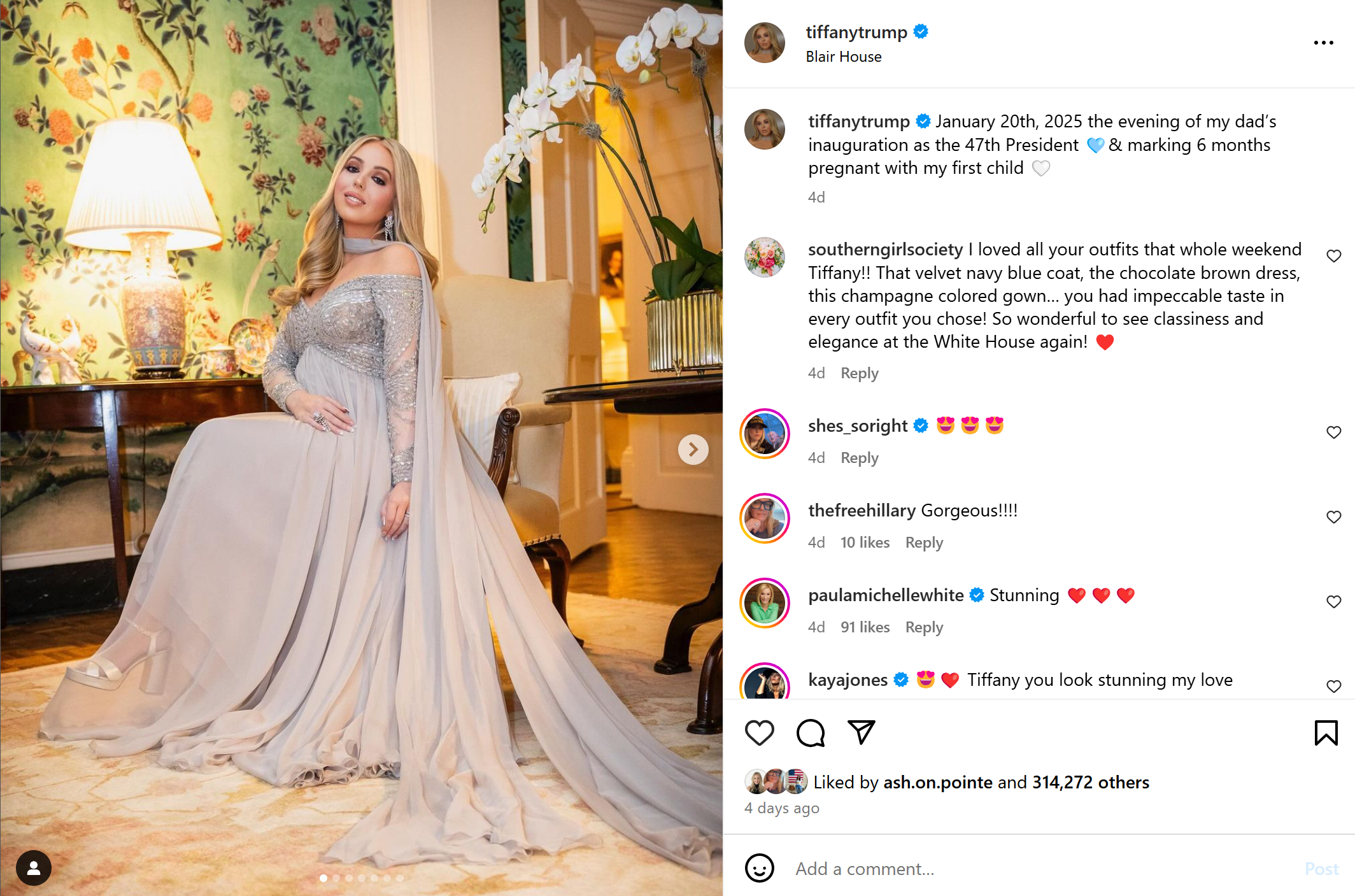 Screenshot of Tiffany Trump's Instagram photo where she is posing with her baby bump in gray dress at the presidential inauguration